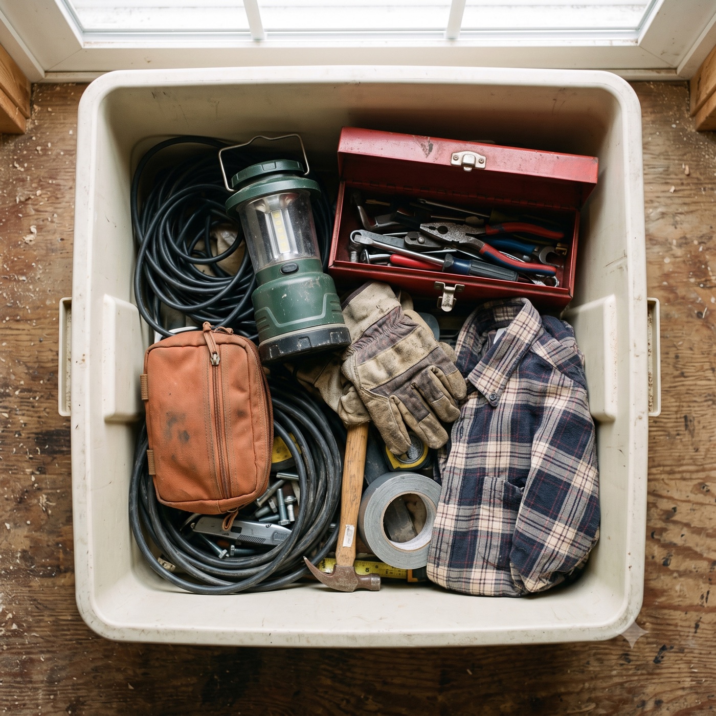 Looking down into an open bin of household gear