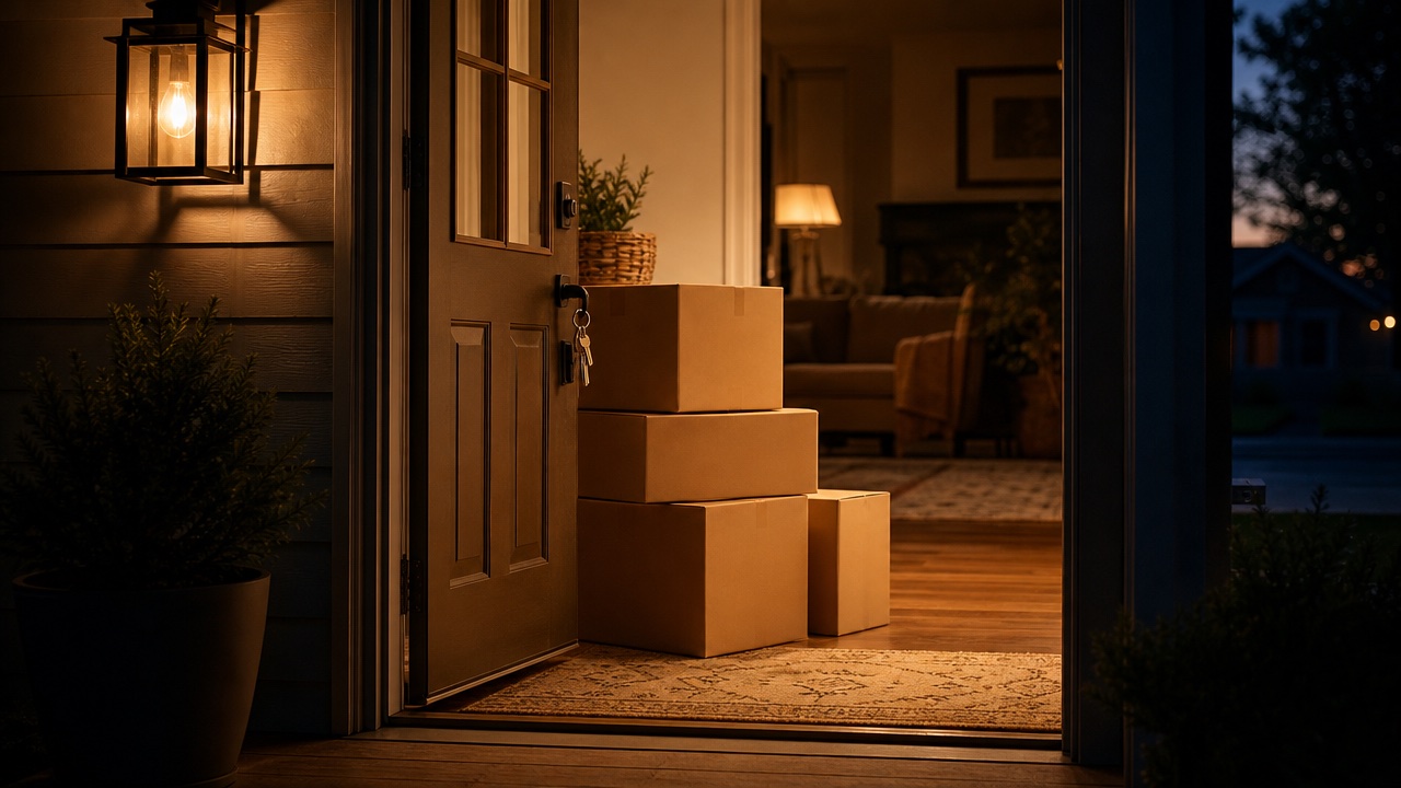 Moving boxes stacked by an open front door at dusk