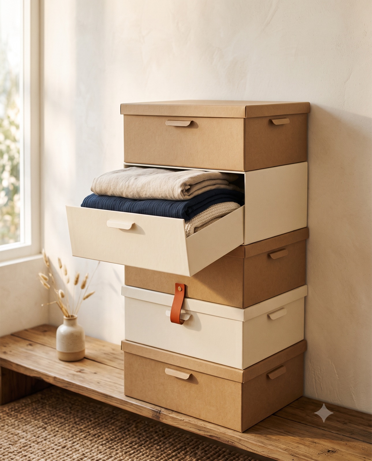 A tidy stack of cream and kraft storage bins, one pulled out like a drawer
