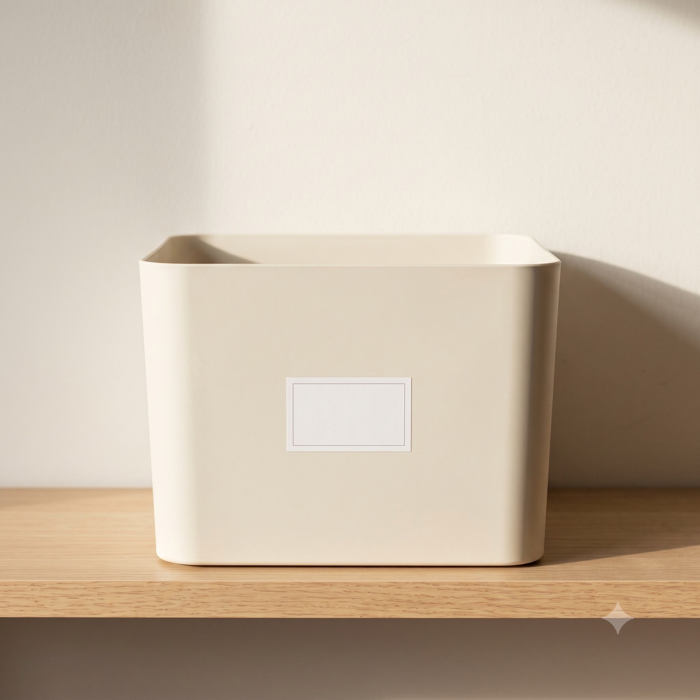 A single storage bin on a shelf with a blank label area