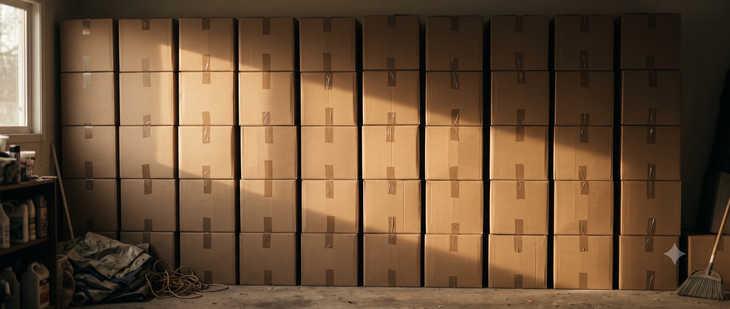 A garage wall stacked high with sealed, unlabeled moving boxes