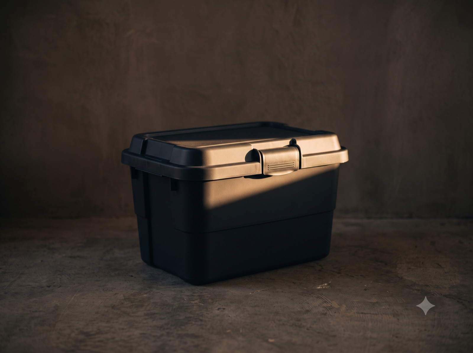 A closed matte bin in low warm light